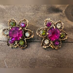 Vintage Gold-Tone Floral Clip Earrings with Fuchsia, Green & Clear Stones